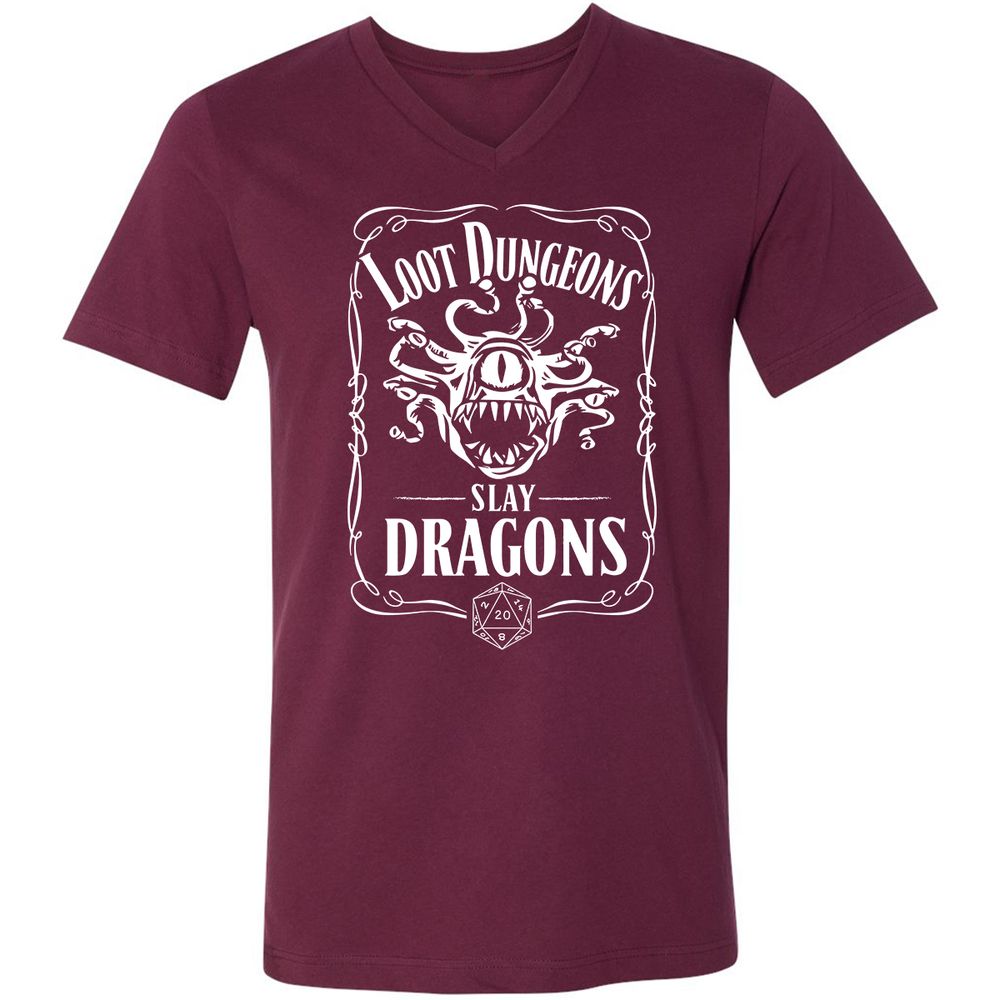 Loot Dungeon Slay Dragons Unisex V-Neck T-Shirt - Maroon - 6