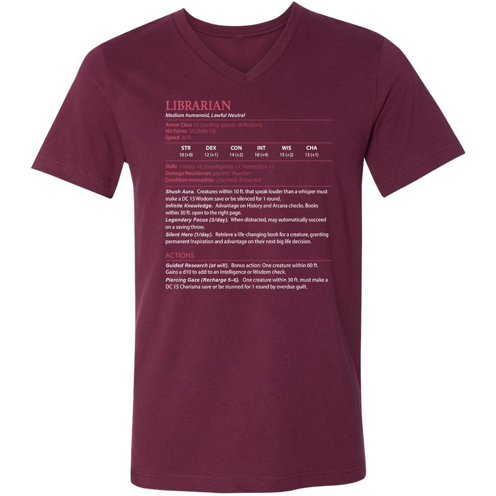 Librarian Stats Unisex V-Neck T-Shirt - Maroon - 6