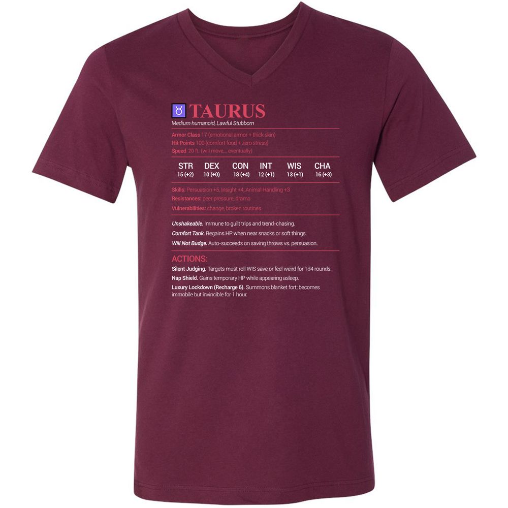 Taurus Stats Unisex V-Neck T-Shirt - Maroon - 6