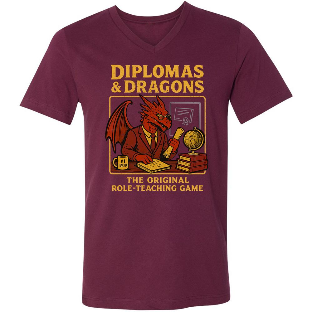 Diplomas & Dragons Unisex V-Neck T-Shirt - Maroon - 6