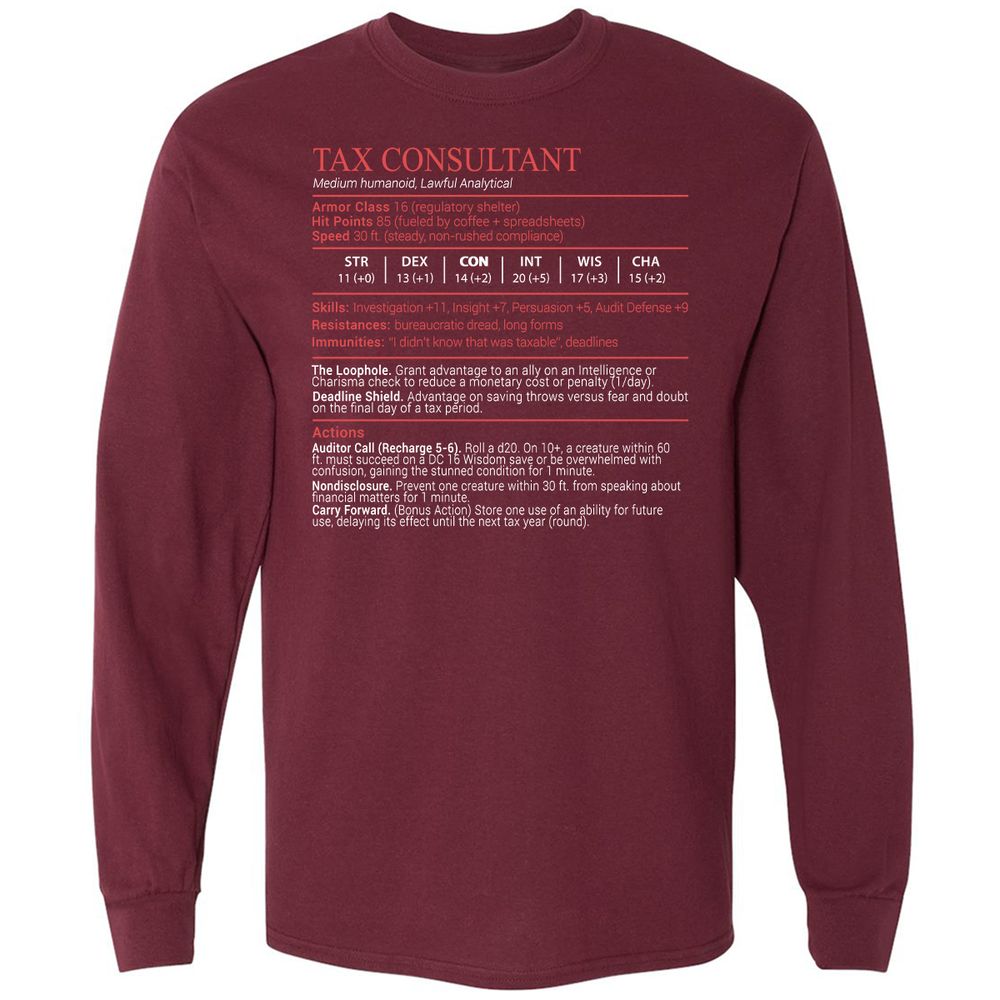 Tax Consultant Stats Block Long Sleeve T-Shirt - Maroon - 6