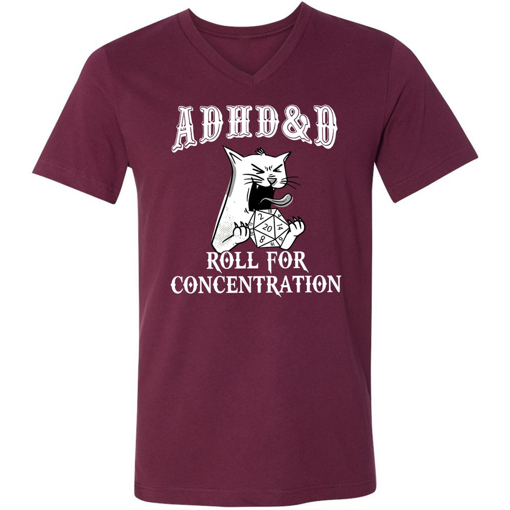 Cat ADHD&D Roll For Concentration Unisex V-Neck T-Shirt - Maroon - 6