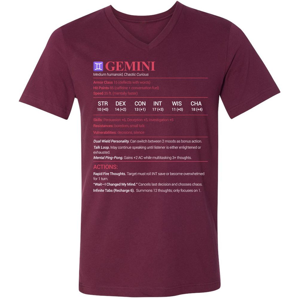 Gemini Stats Unisex V-Neck T-Shirt - Maroon - 6