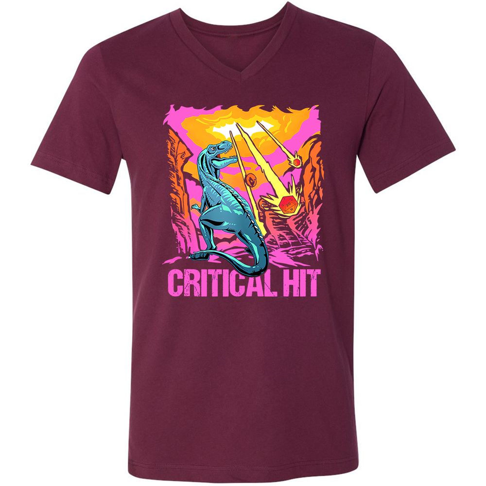 Dinosaur Critical Hit Unisex V-Neck T-Shirt - Maroon - 6
