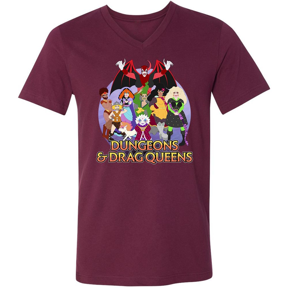 Dungeons n Drag Queens Cartoon Unisex V-Neck T-Shirt - Maroon - 6