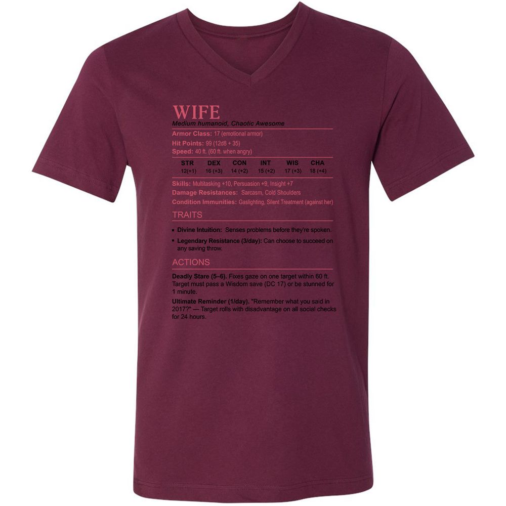 Wife Stats 2 Unisex V-Neck T-Shirt - Maroon - 6