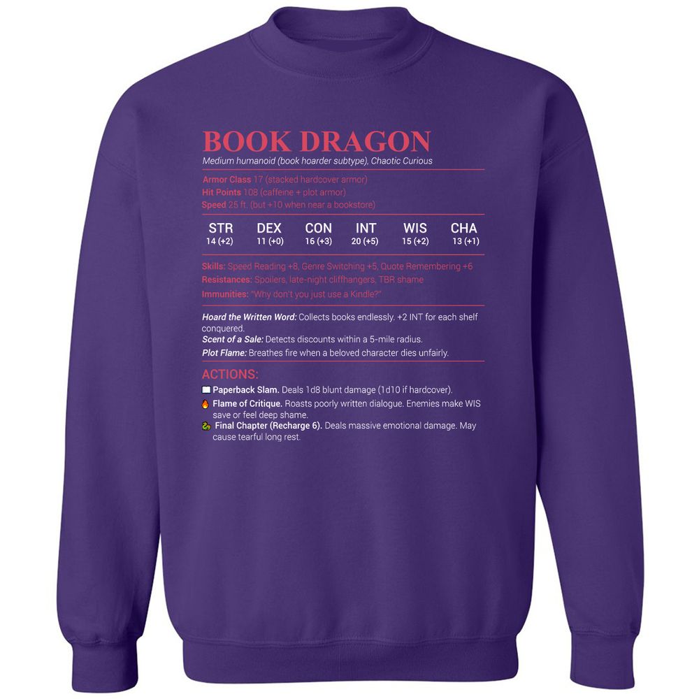 Book Dragon Stats Classic Unisex Sweatshirt - Purple - 6