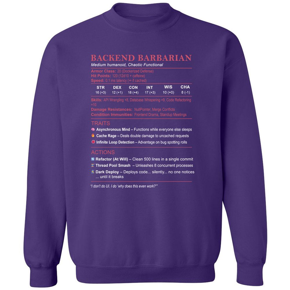 Backend Barbarian Stats Classic Unisex Sweatshirt - Purple - 6