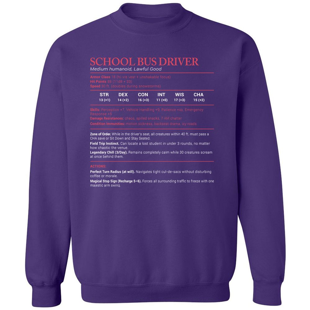School Bus Driver Stats Classic Unisex Sweatshirt - Purple - 6