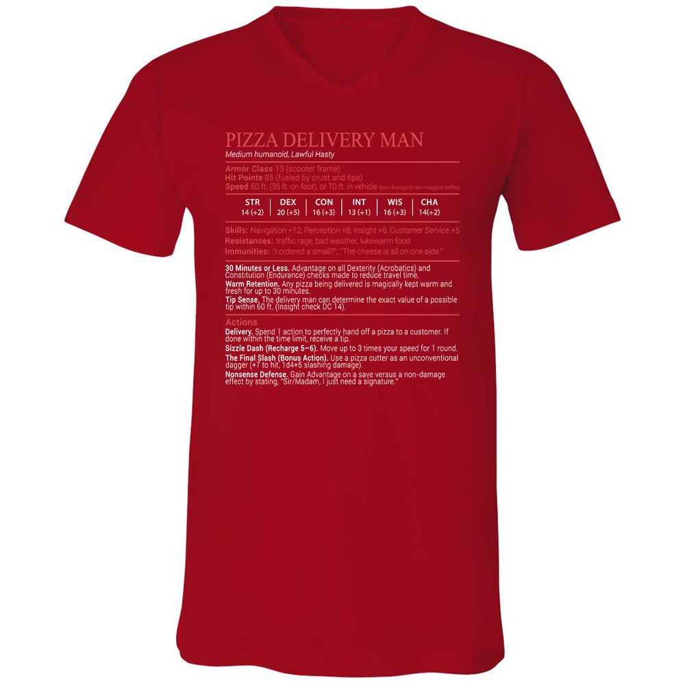 Pizza Delivery Man Stats Block Unisex V-Neck T-Shirt - Red - 6