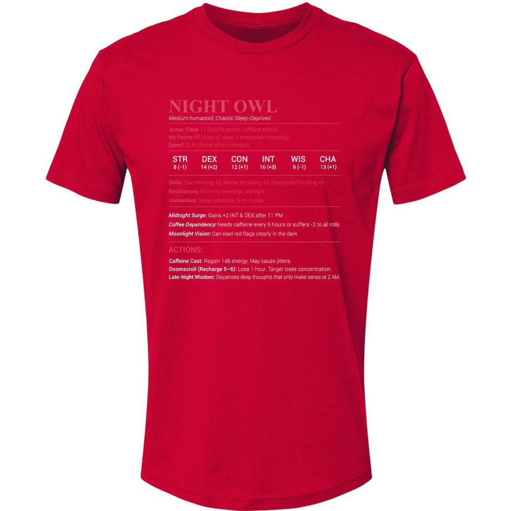Night Owl Stats Premium Unisex T-Shirt - Red - 6