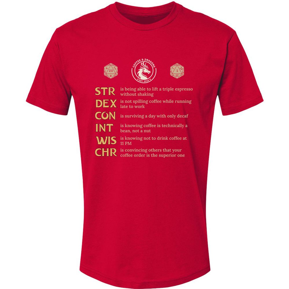 Coffee & Dragons RPG Stats Premium Unisex T-Shirt - Red - 6