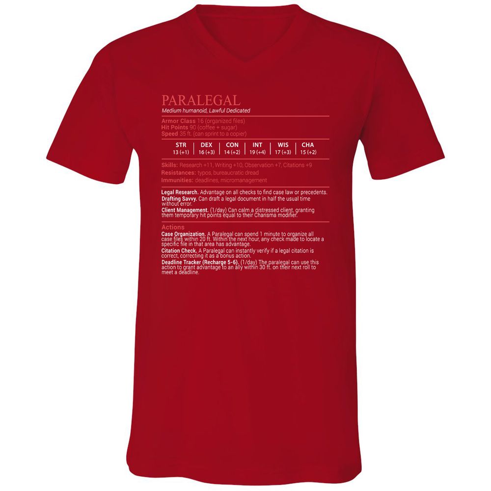 Paralegal Stats Block Unisex V-Neck T-Shirt - Red - 6