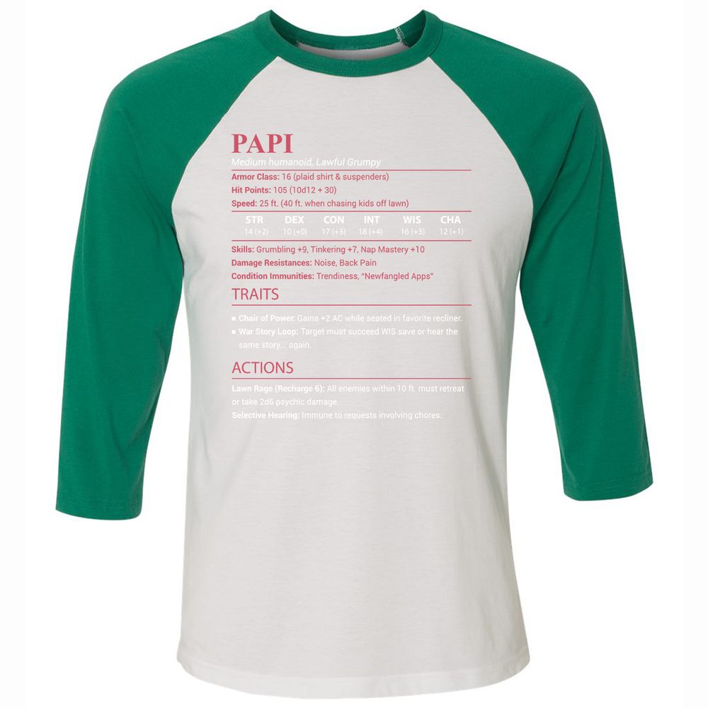 Papi Stats Unisex 3/4 Baseball Tee - White/Kelly - 6