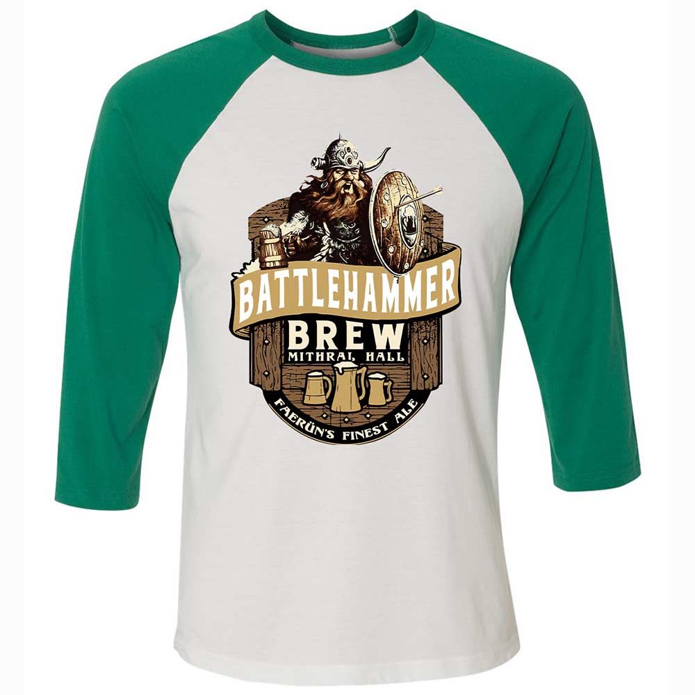 Battlehammer Brew Unisex 3/4 Baseball Tee - White/Kelly - 6