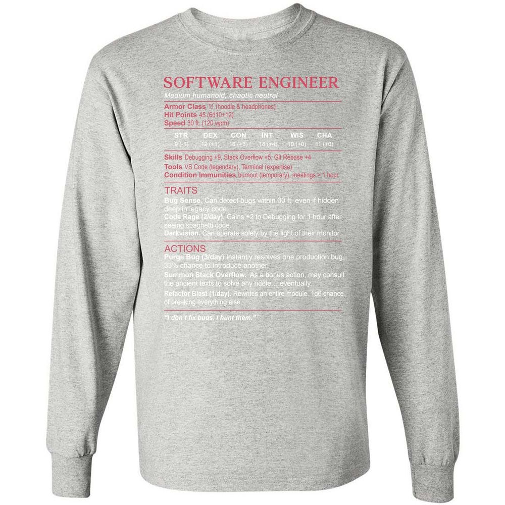 Software Engineer Stats Long Sleeve T-Shirt - Ash - 7