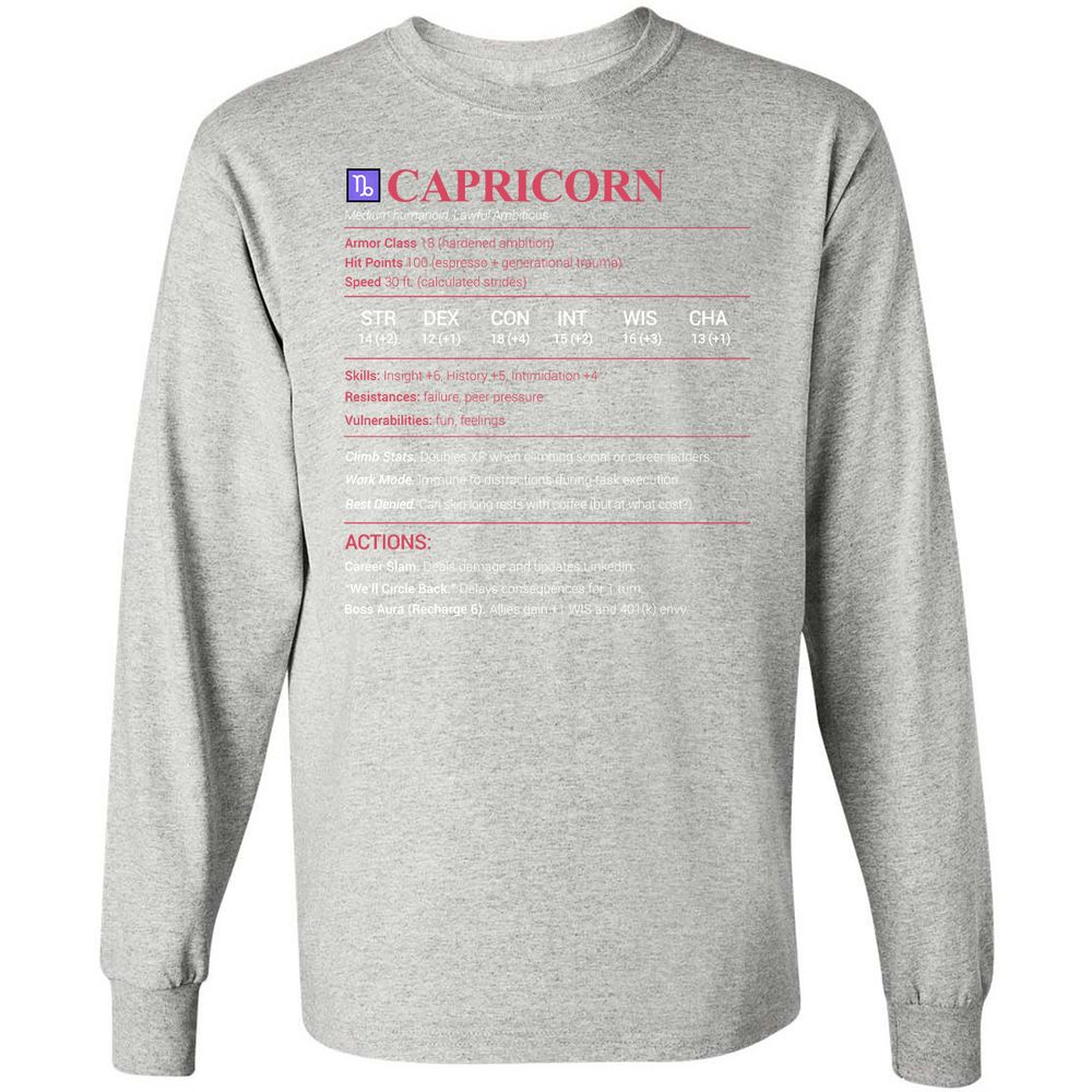 Capricorn Stats Long Sleeve T-Shirt - Ash - 7