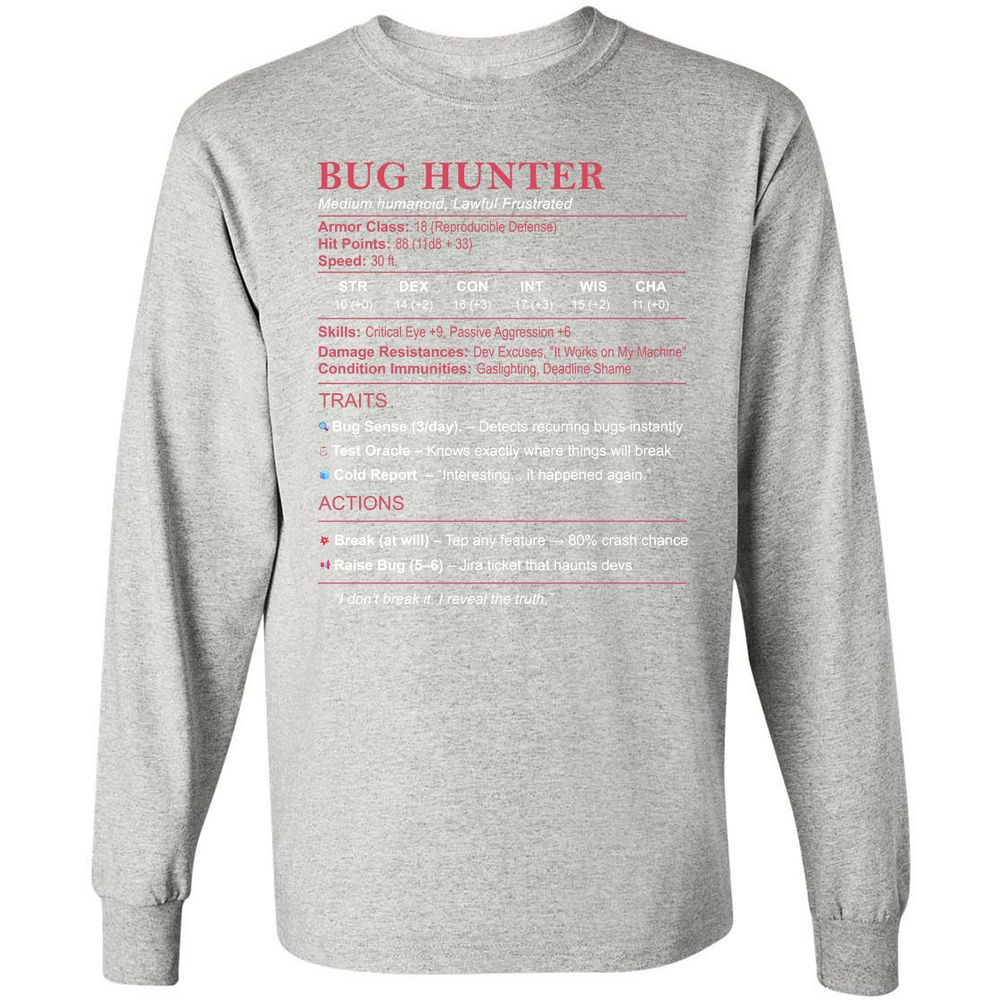 Tester Stats (Bug Hunter) Long Sleeve T-Shirt - Ash - 7