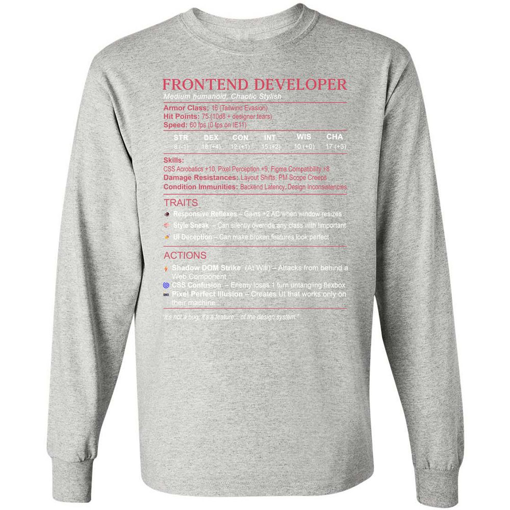 Frontend Developer Stats Long Sleeve T-Shirt - Ash - 7