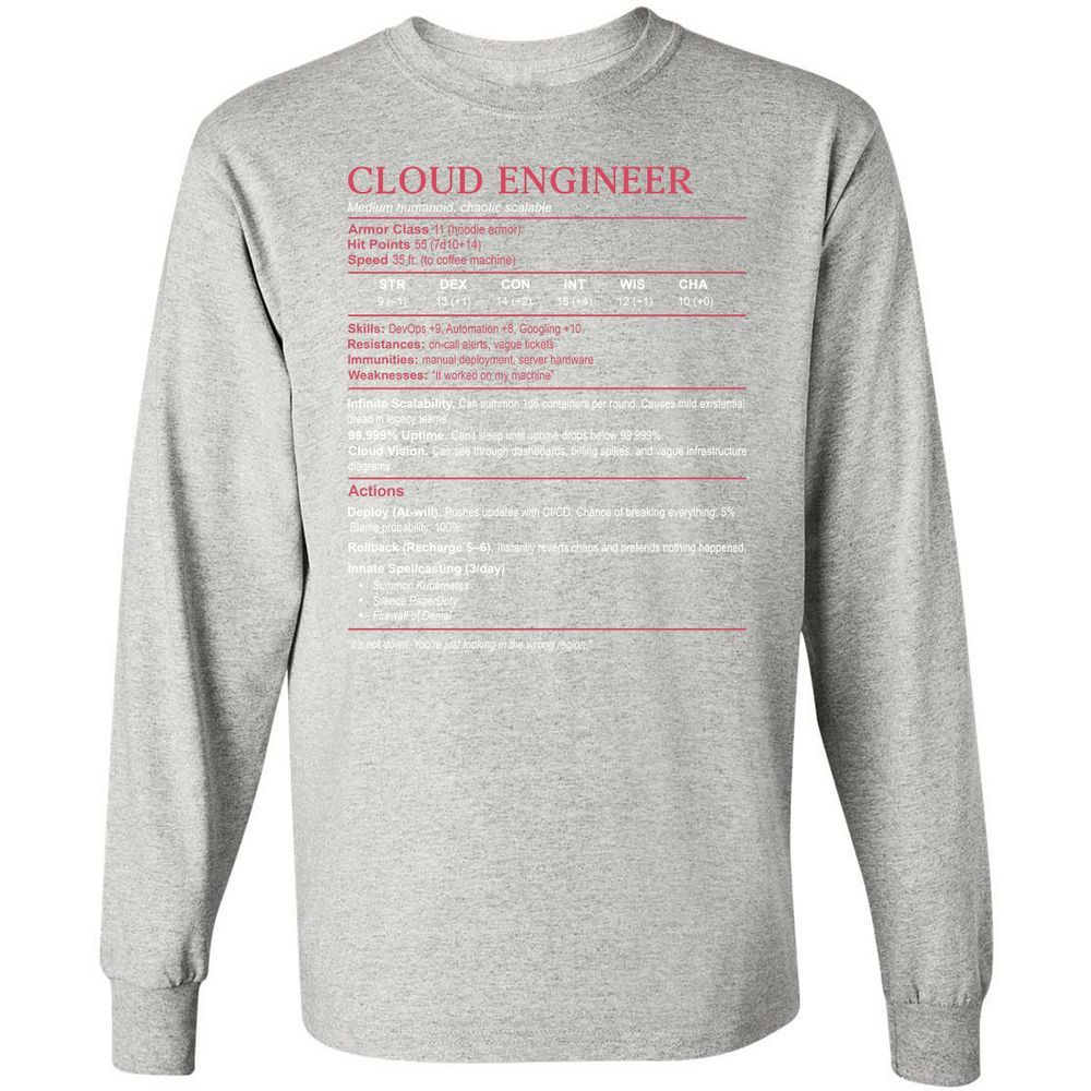 Cloud Engineer Stats Long Sleeve T-Shirt - Ash - 7
