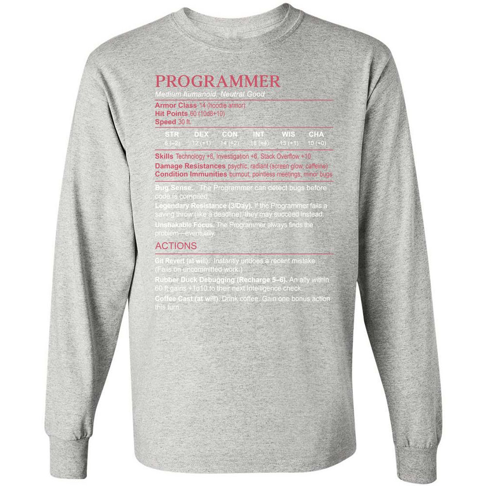 Programmer Stats Long Sleeve T-Shirt - Ash - 7