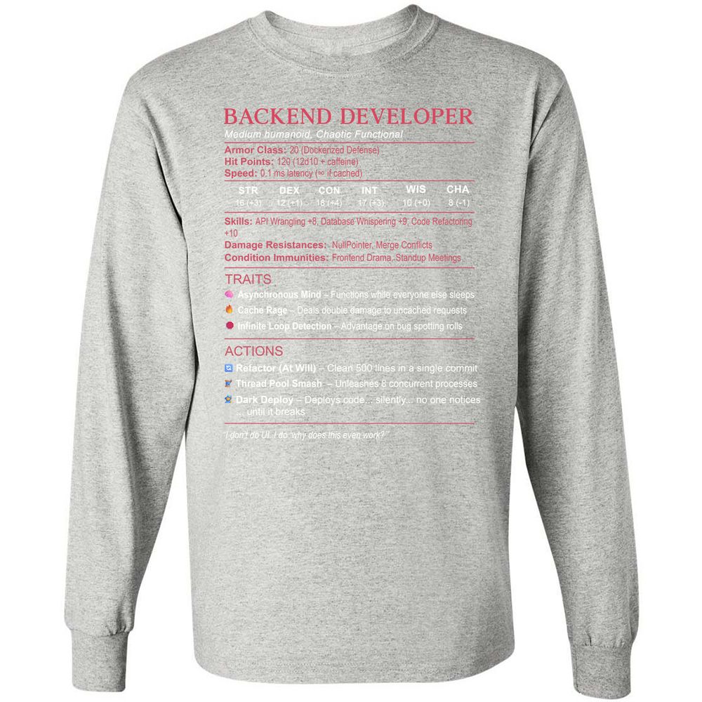 Backend Developer Stats Long Sleeve T-Shirt - Ash - 7
