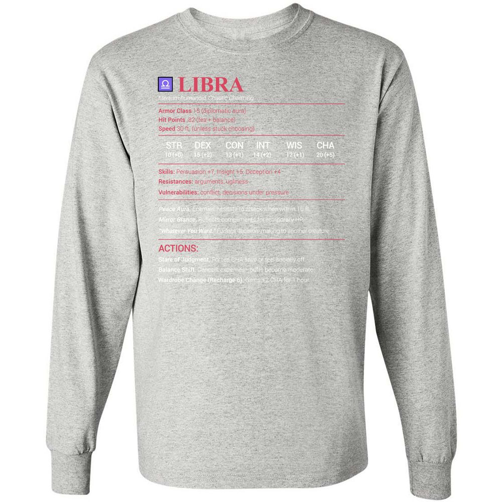 Libra Stats Long Sleeve T-Shirt - Ash - 7