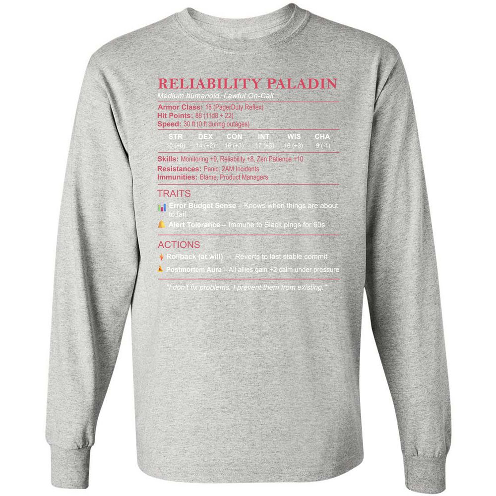 SRE Stats (Reliability Paladin) Long Sleeve T-Shirt - Ash - 7