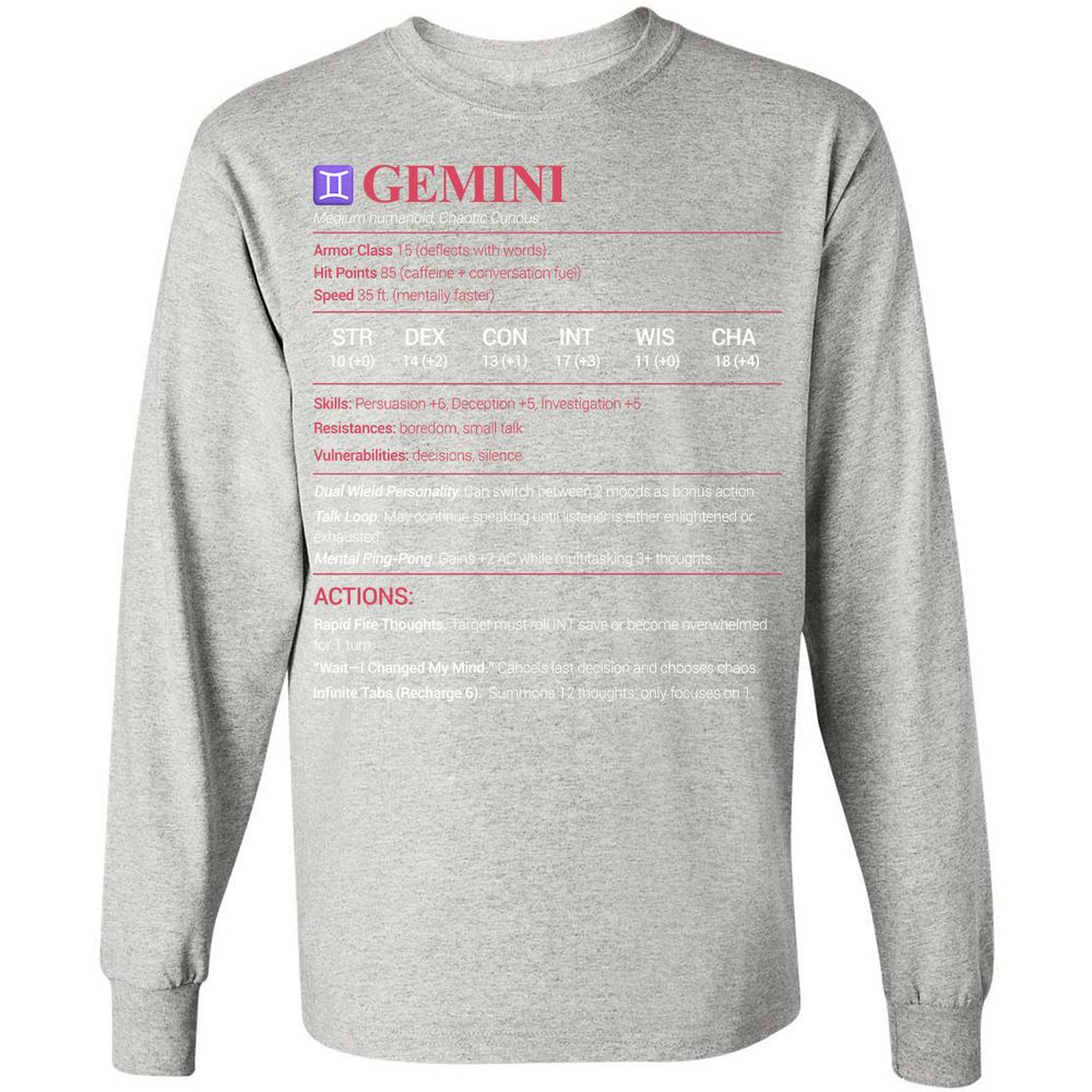 Gemini Stats Long Sleeve T-Shirt - Ash - 7