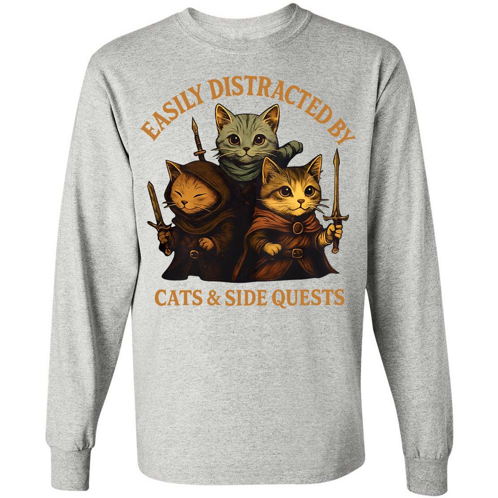 Easily Distracted By Cats & Side Quests Long Sleeve T-Shirt - Ash - 7