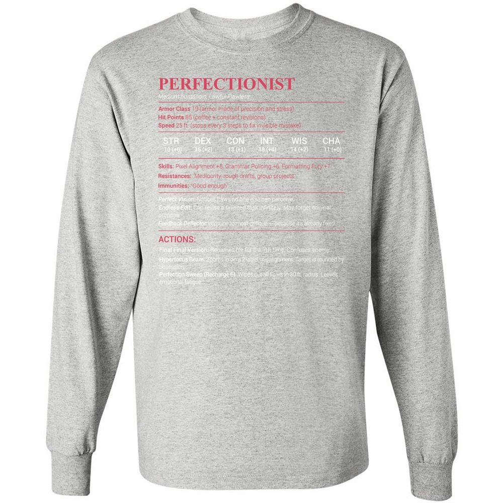 Perfectionist Stats Long Sleeve T-Shirt - Ash - 7