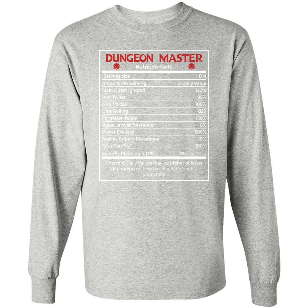 Dungeon Master Nutrition Facts Long Sleeve T-Shirt - Ash - 7