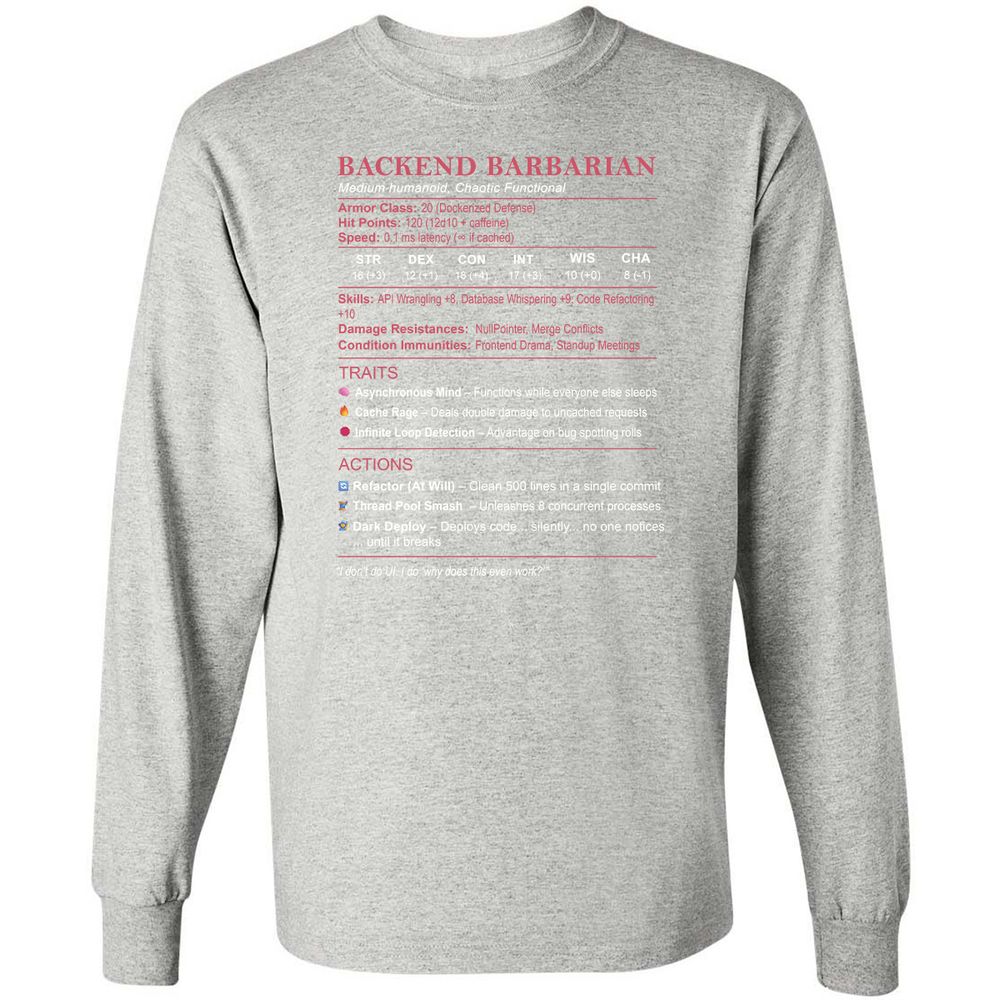 Backend Barbarian Stats Long Sleeve T-Shirt - Ash - 7