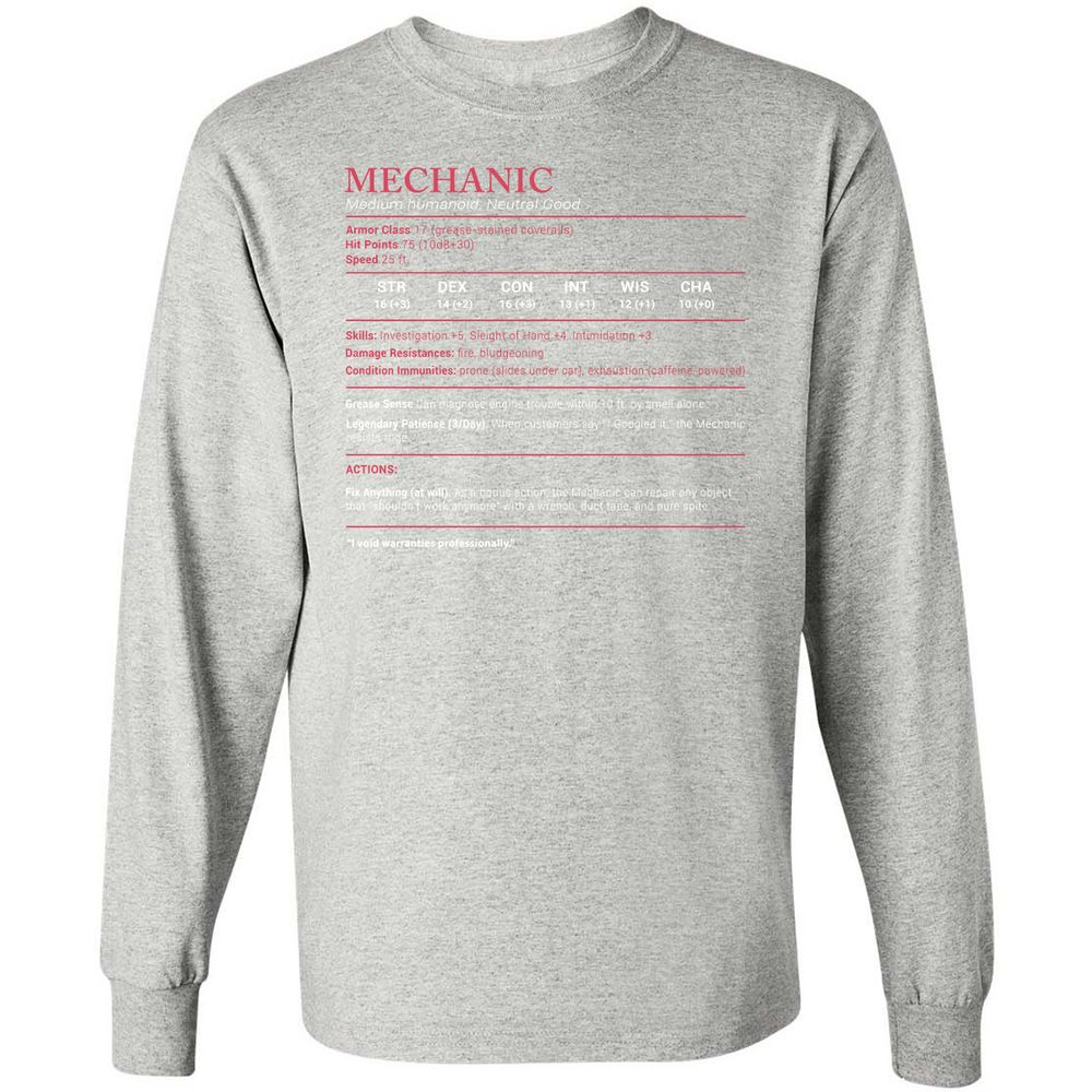 Mechanic Stats Long Sleeve T-Shirt - Ash - 7
