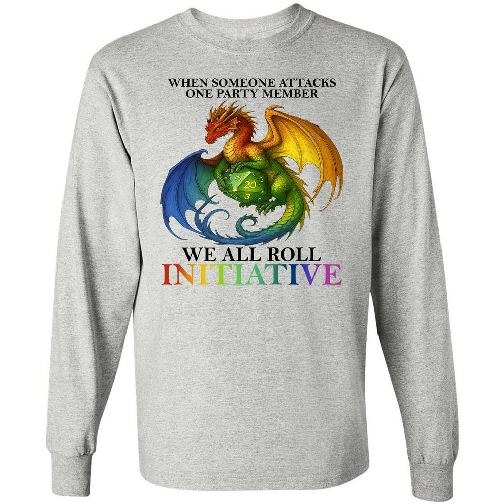 Dragon We All Roll For Initiative Long Sleeve T-Shirt - Ash - 7