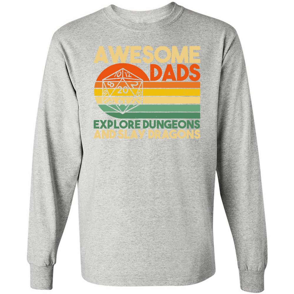 Awesome Dad Explore Dungeons Slay Dragons Long Sleeve T-Shirt - Ash - 7