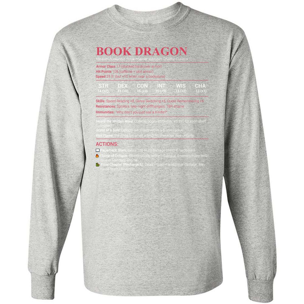 Book Dragon Stats Long Sleeve T-Shirt - Ash - 7
