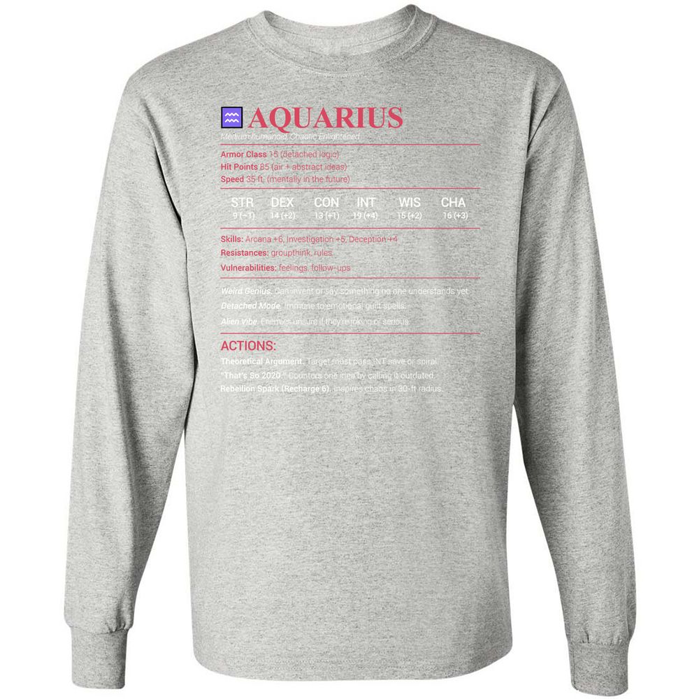 Aquarius Stats Long Sleeve T-Shirt - Ash - 7