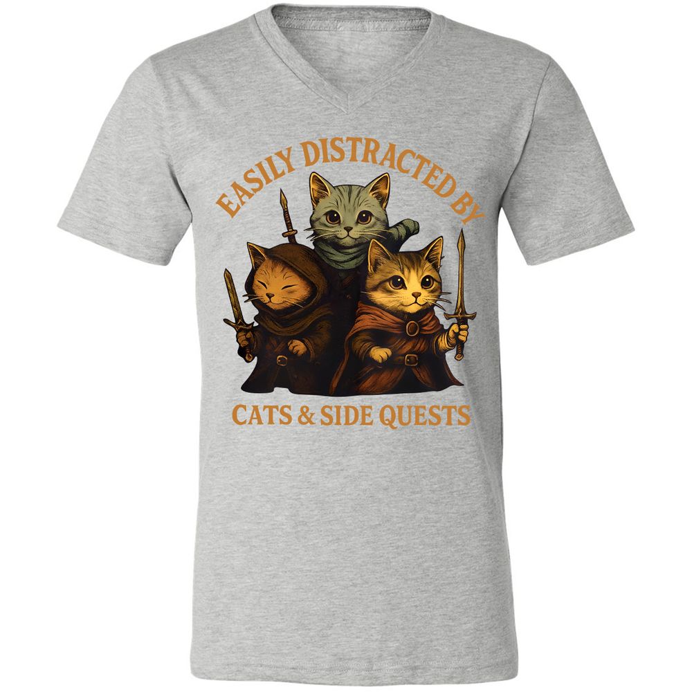 Easily Distracted By Cats & Side Quests Unisex V-Neck T-Shirt - Athletic Heather - 7