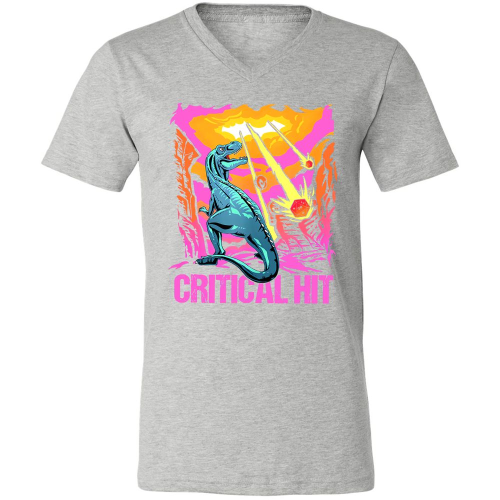 Dinosaur Critical Hit Unisex V-Neck T-Shirt - Athletic Heather - 7