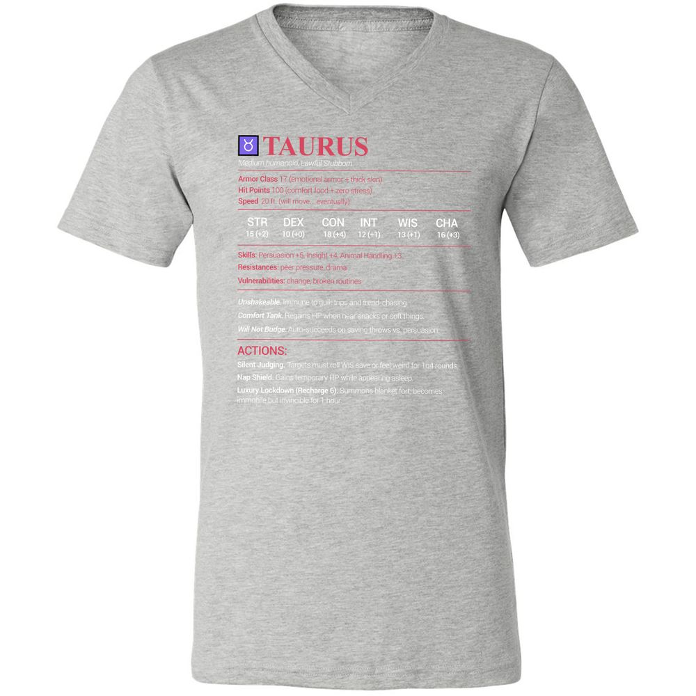 Taurus Stats Unisex V-Neck T-Shirt - Athletic Heather - 7
