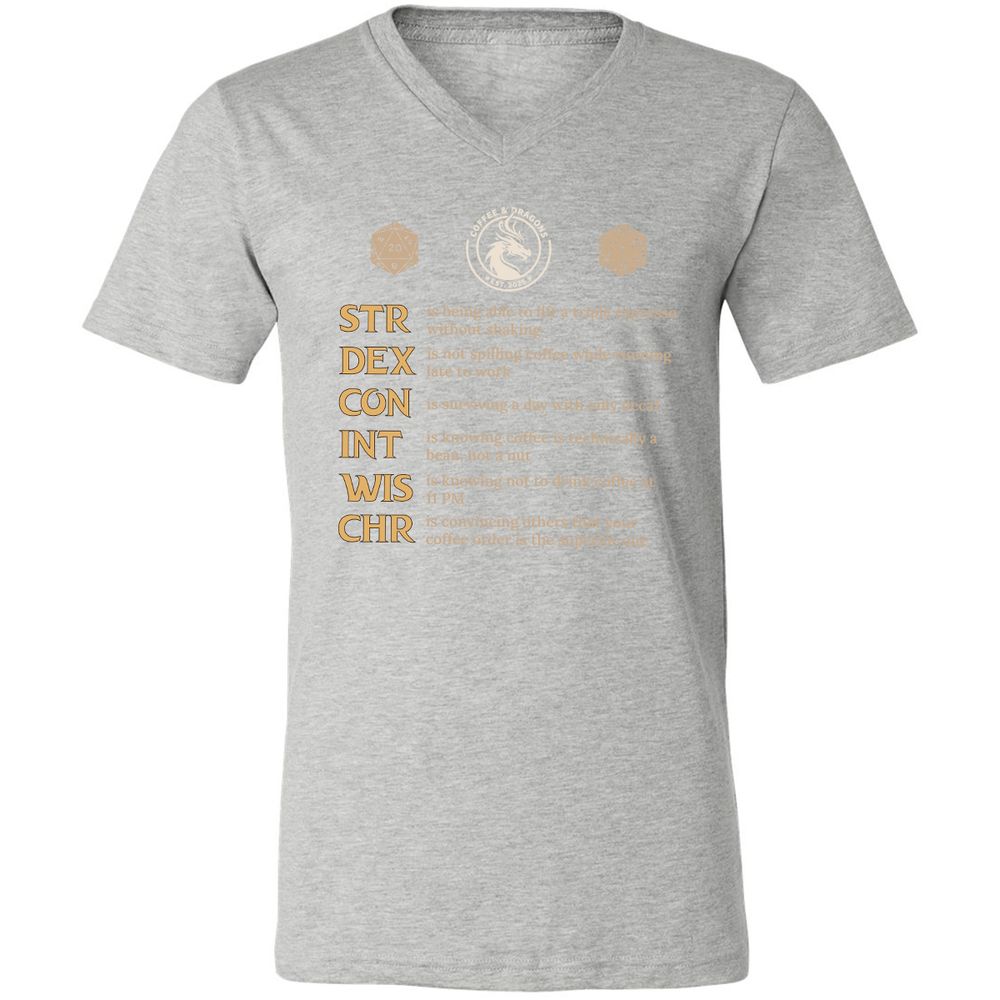 Coffee & Dragons RPG Stats Unisex V-Neck T-Shirt - Athletic Heather - 7