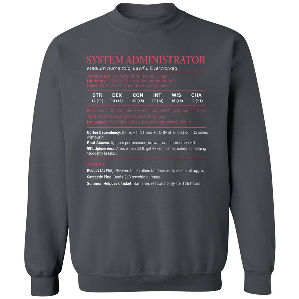 System Administrator Stats Classic Unisex Sweatshirt - Charcoal - 7
