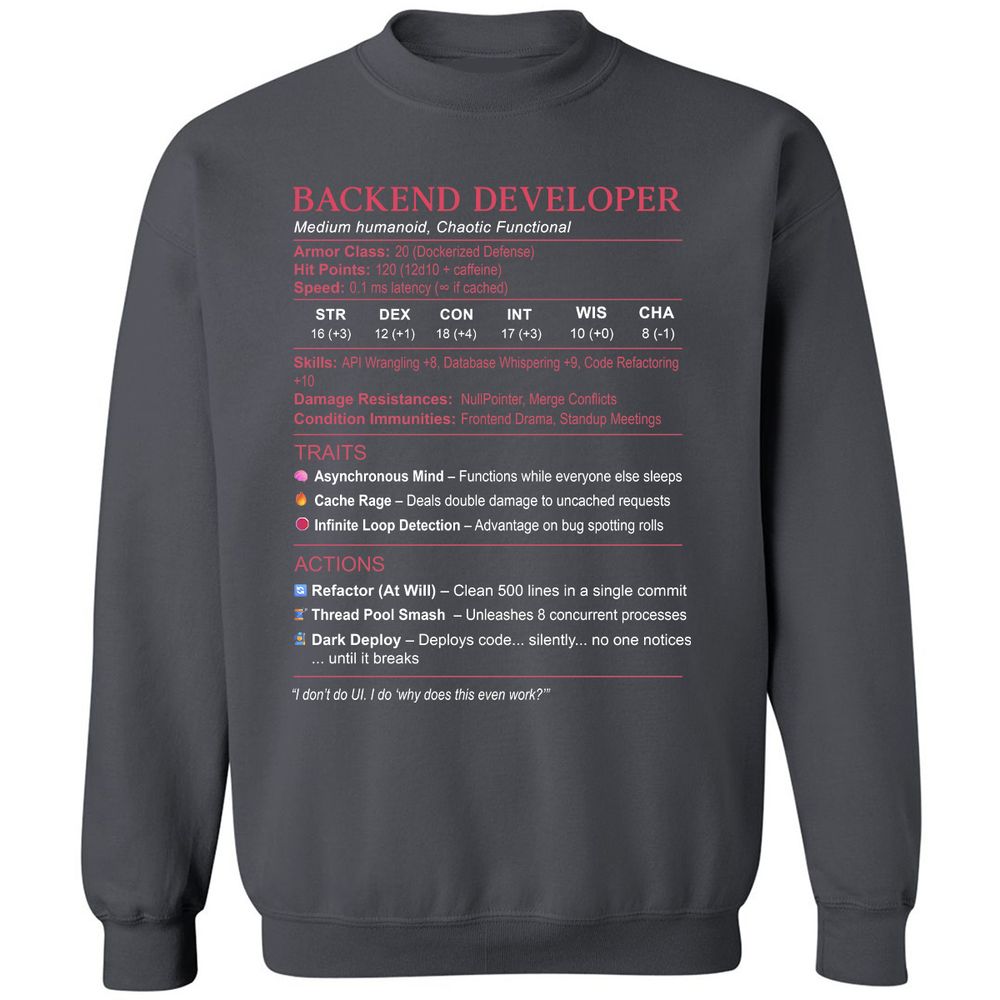 Backend Developer Stats Classic Unisex Sweatshirt - Charcoal - 7