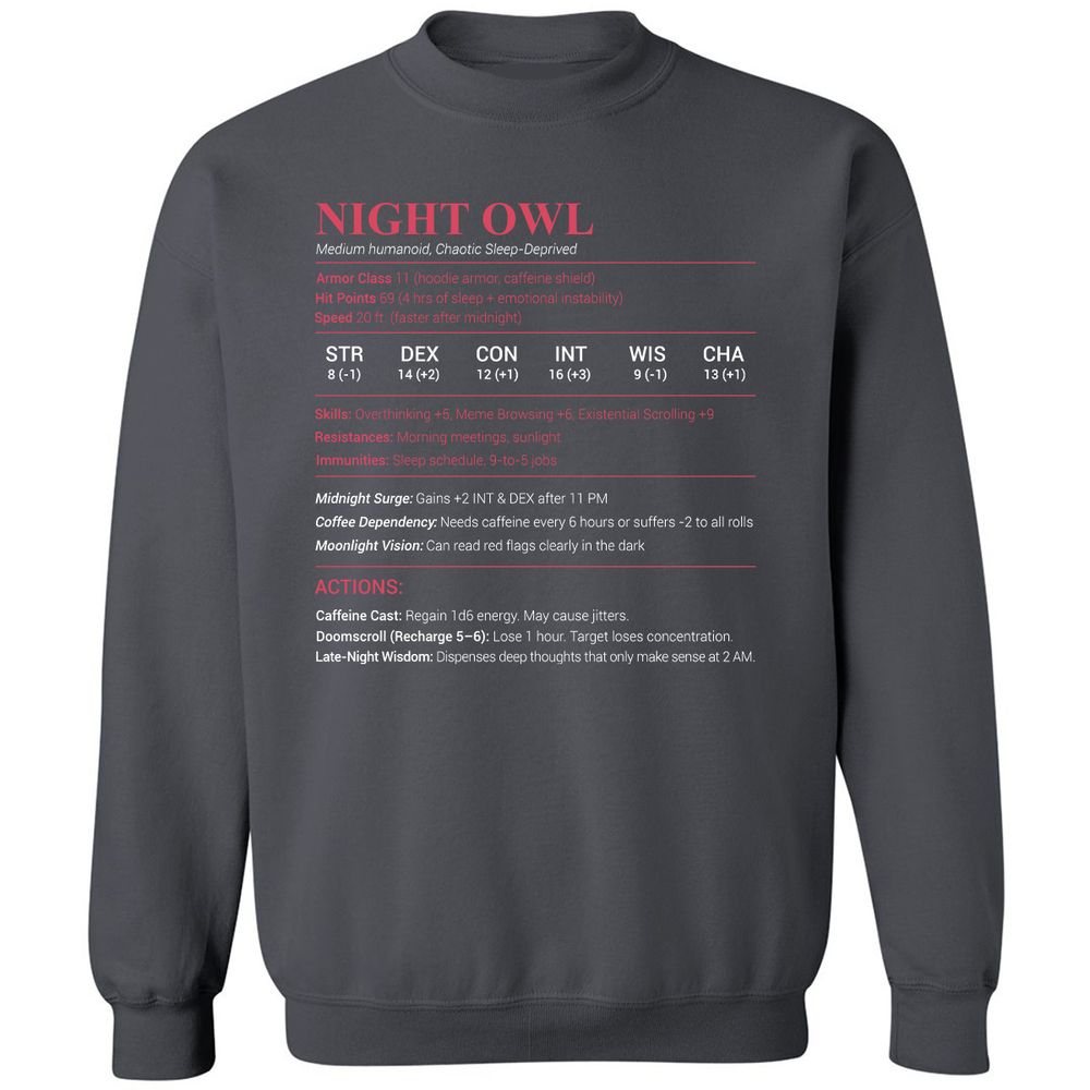 Night Owl Stats Classic Unisex Sweatshirt - Charcoal - 7
