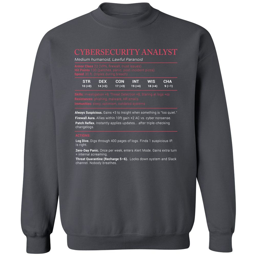 Cybersecurity Analyst Stats Classic Unisex Sweatshirt - Charcoal - 7