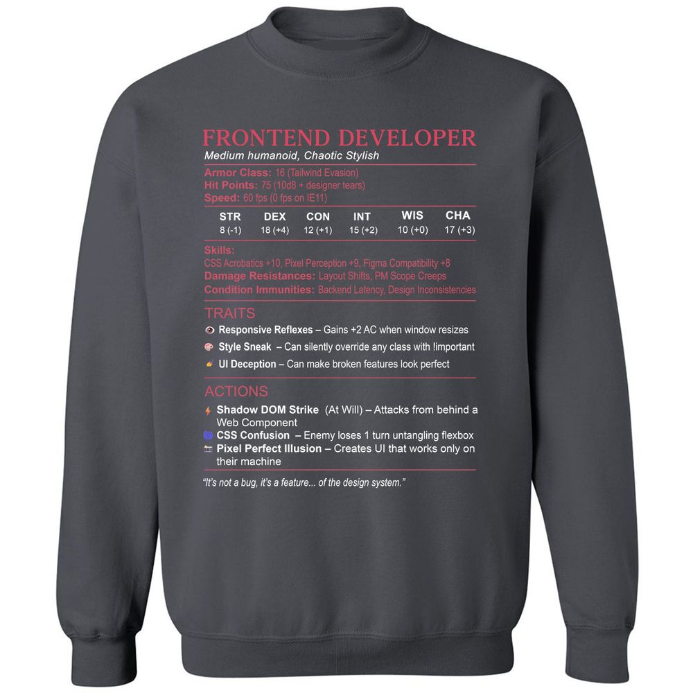 Frontend Developer Stats Classic Unisex Sweatshirt - Charcoal - 7