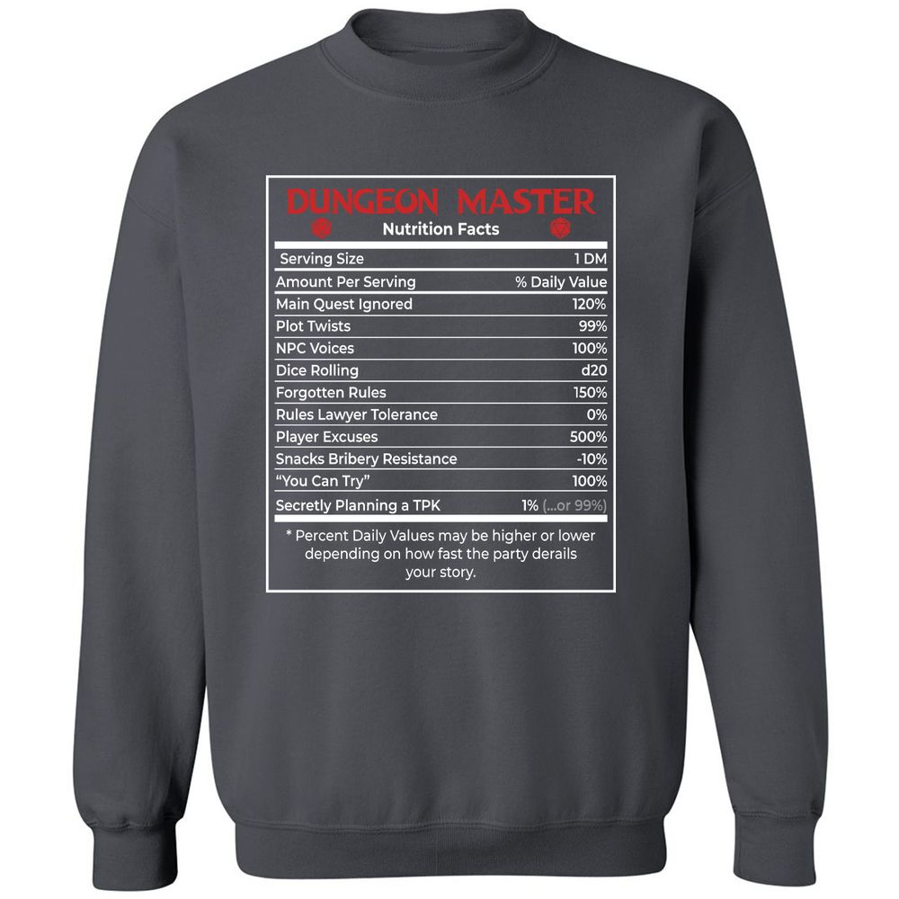 Dungeon Master Nutrition Facts Classic Unisex Sweatshirt - Charcoal - 7