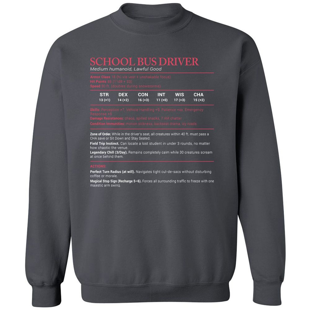 School Bus Driver Stats Classic Unisex Sweatshirt - Charcoal - 7