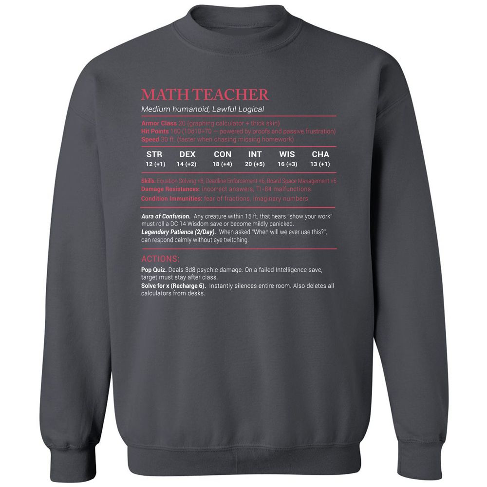 Math Teacher Stats Classic Unisex Sweatshirt - Charcoal - 7